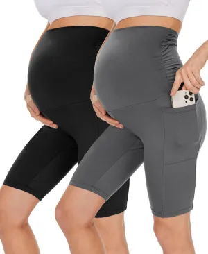 UBCUTE 2 Pack Women's Maternity Biker Shorts with Pockets-High Waist Black Workout Yoga Comfy Pregnancy Pants Over Belly