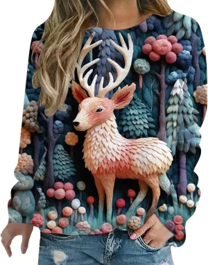 Ugly Christmas Sweater Women Sweatshirts 3D Digital Print Novelty Pullover Tops Funny Santa Xmas Tree Graphic Holiday Outfits