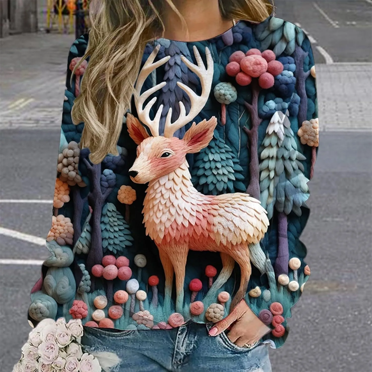 Ugly Christmas Sweater Women Sweatshirts 3D Digital Print Novelty Pullover Tops Funny Santa Xmas Tree Graphic Holiday Outfits
