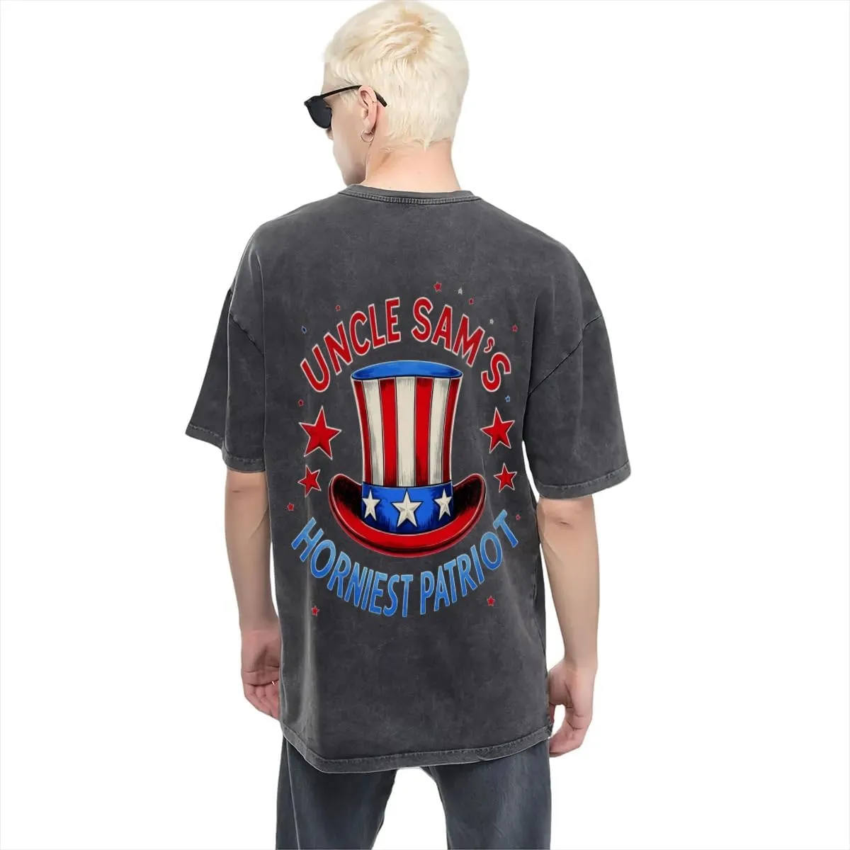 Uncle Sam's HORNIEST Patriot Classic Two Sides Retro Short Sleeve Shirt Men's Round Neck Sports T-Shirt