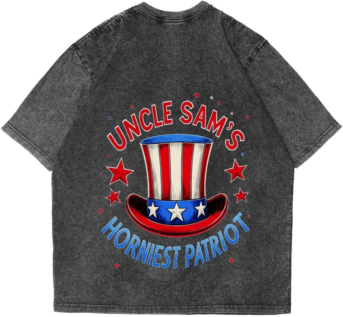 Uncle Sam's HORNIEST Patriot Classic Two Sides Retro Short Sleeve Shirt Men's Round Neck Sports T-Shirt