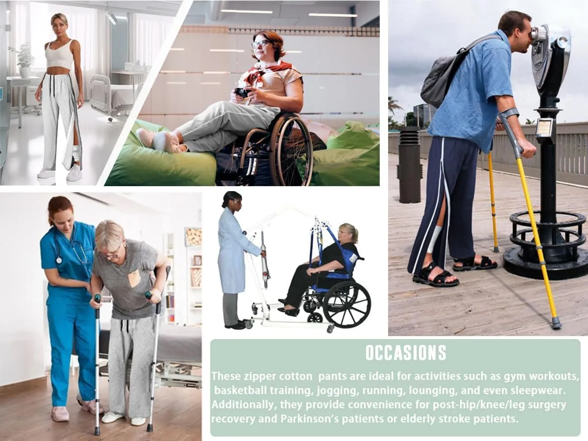 Unisex Tearaway Pants with 2 Side Zippers Snaps for Post Surgery Men Cotton Rip Off Breakaway Pant for Hip Replacement