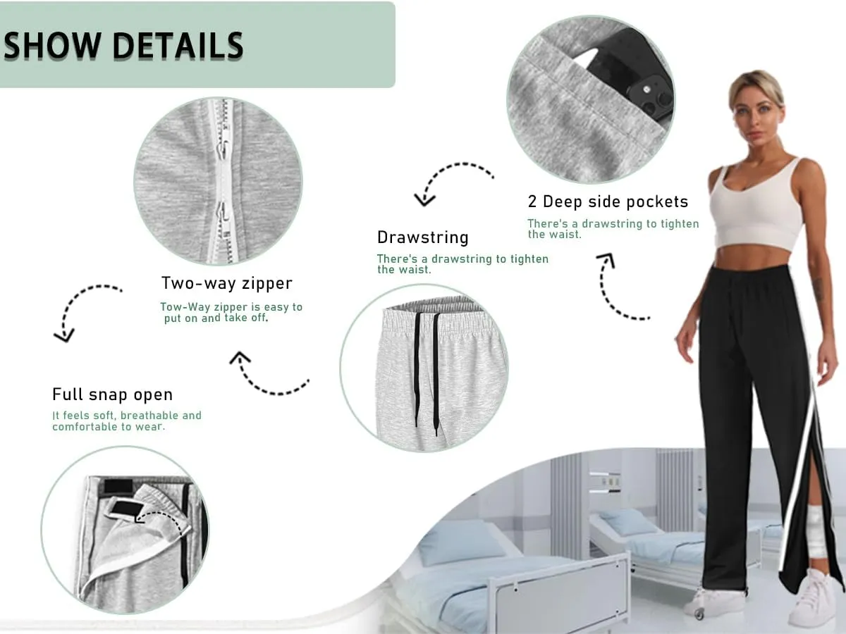 Unisex Tearaway Pants with 2 Side Zippers Snaps for Post Surgery Men Cotton Rip Off Breakaway Pant for Hip Replacement