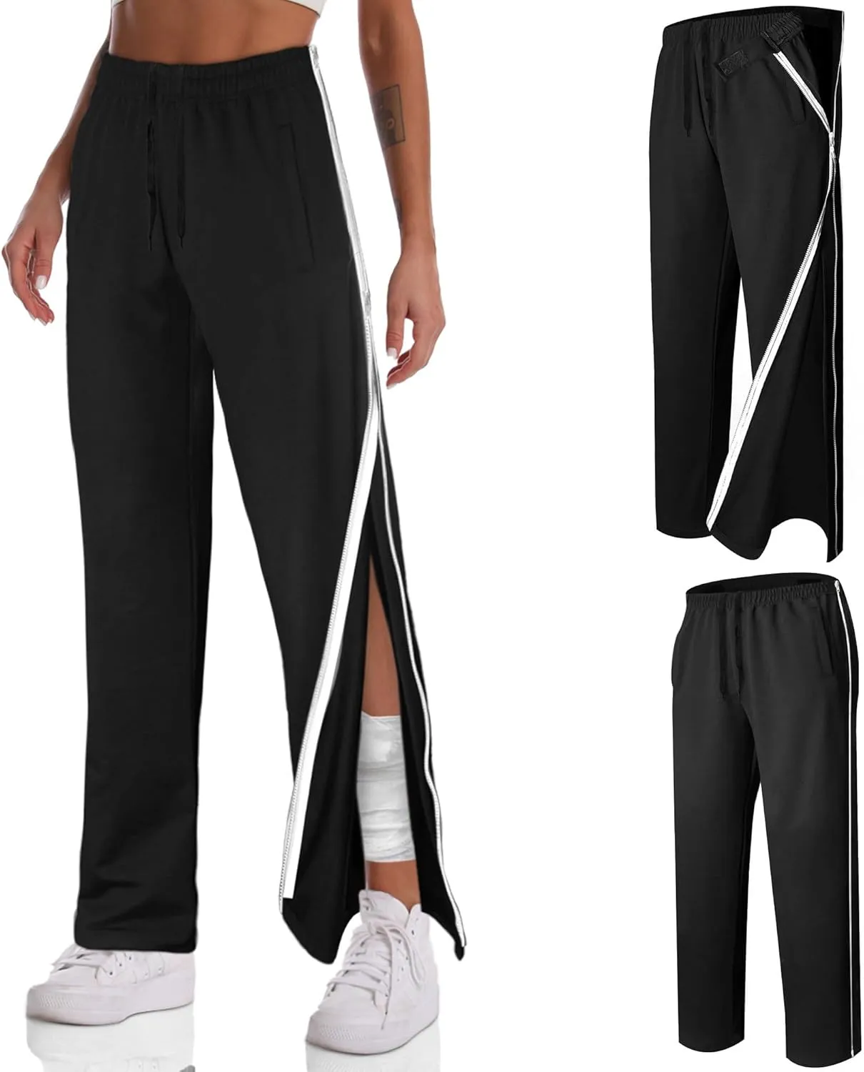 Unisex Tearaway Pants with 2 Side Zippers Snaps for Post Surgery Men Cotton Rip Off Breakaway Pant for Hip Replacement