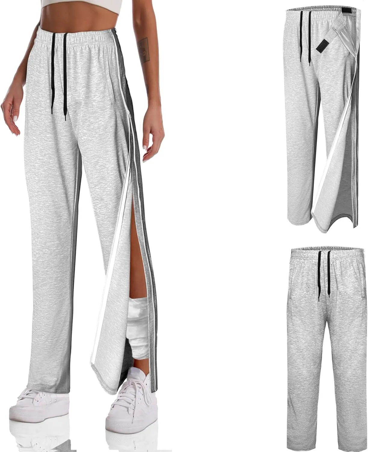 Unisex Tearaway Pants with 2 Side Zippers Snaps for Post Surgery Men Cotton Rip Off Breakaway Pant for Hip Replacement