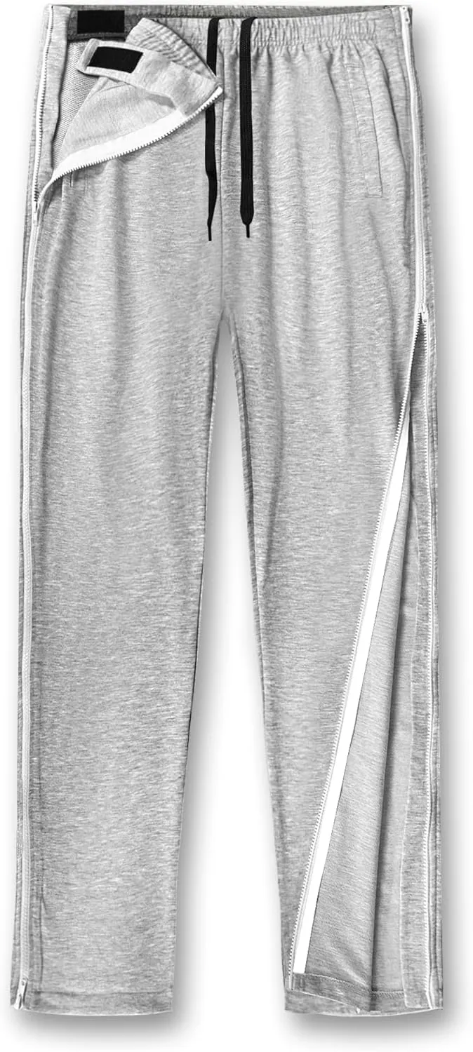 Unisex Tearaway Pants with 2 Side Zippers Snaps for Post Surgery Men Cotton Rip Off Breakaway Pant for Hip Replacement