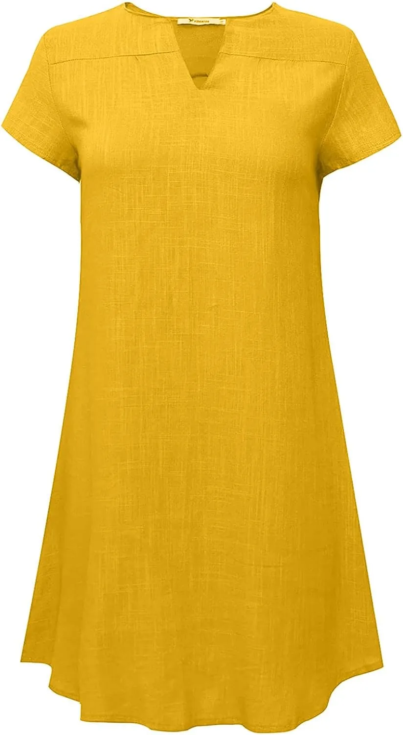 V Neck Casual Dress for Women Plain Summer Linen Mini Dresses Short Sleeve Loose Short Dress 2024 Trendy Sundress