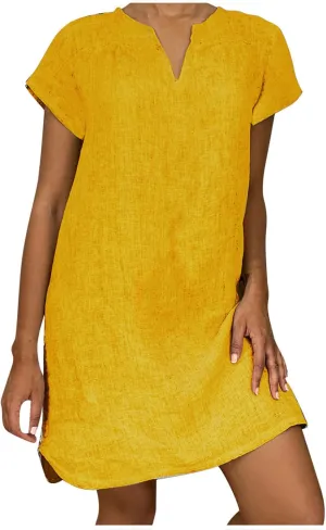 V Neck Casual Dress for Women Plain Summer Linen Mini Dresses Short Sleeve Loose Short Dress 2024 Trendy Sundress