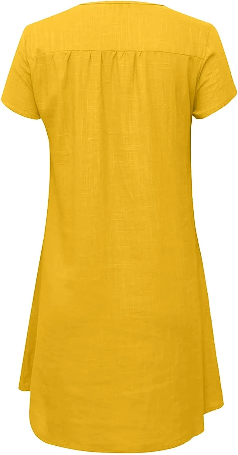 V Neck Casual Dress for Women Plain Summer Linen Mini Dresses Short Sleeve Loose Short Dress 2024 Trendy Sundress