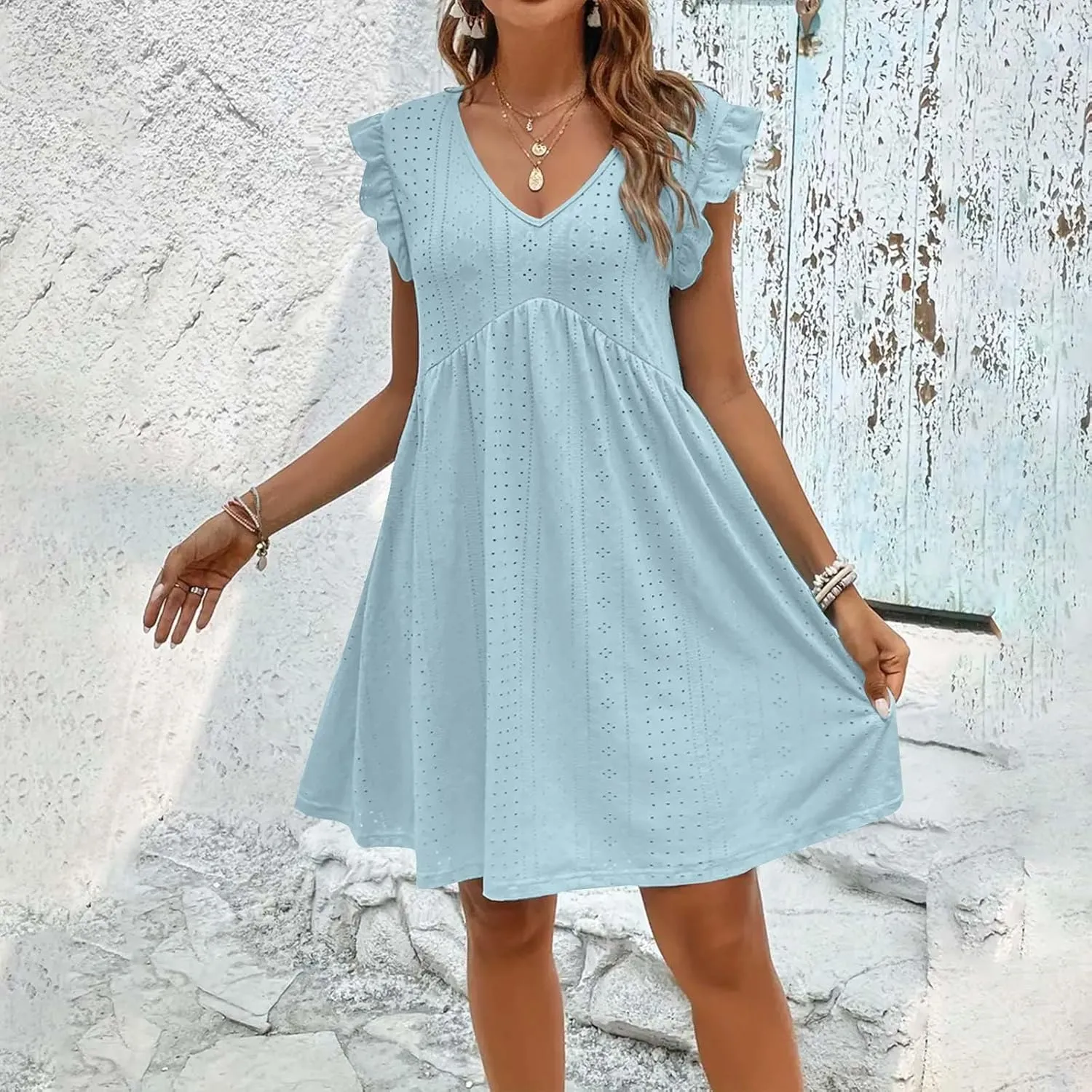 Vacation Dresses for Women 2025 Wedding Guest Mini Dresses 2025 Casual V Neck Ruffle Dress Summer Vacation Sundress