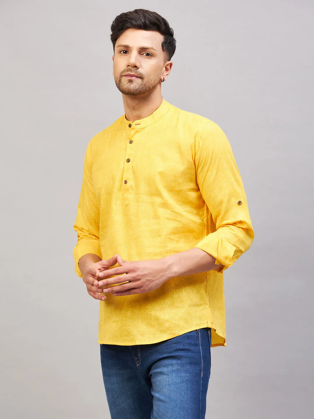 VASTRAMAY Men's Solid Yellow Cotton Kurta