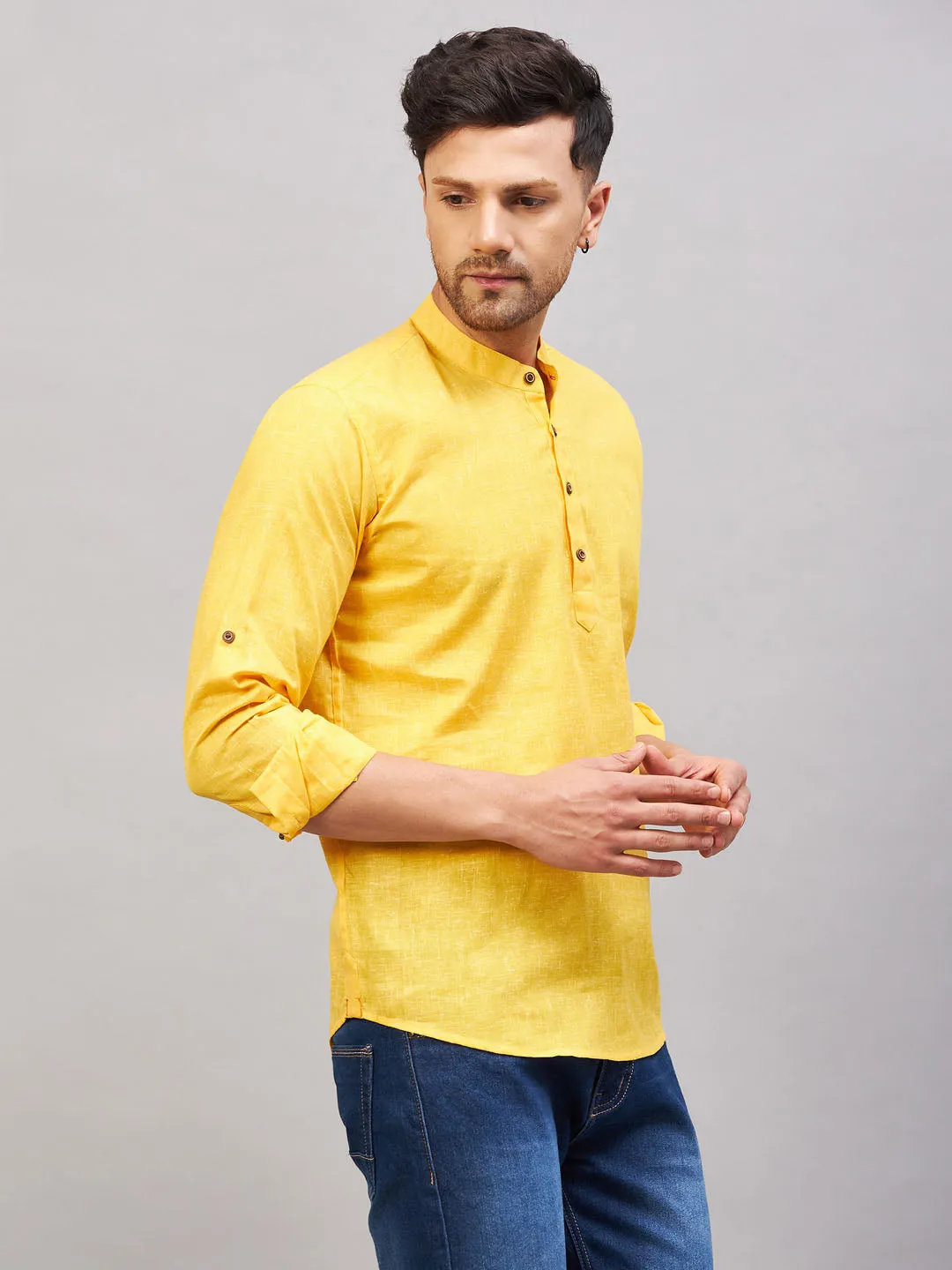 VASTRAMAY Men's Solid Yellow Cotton Kurta
