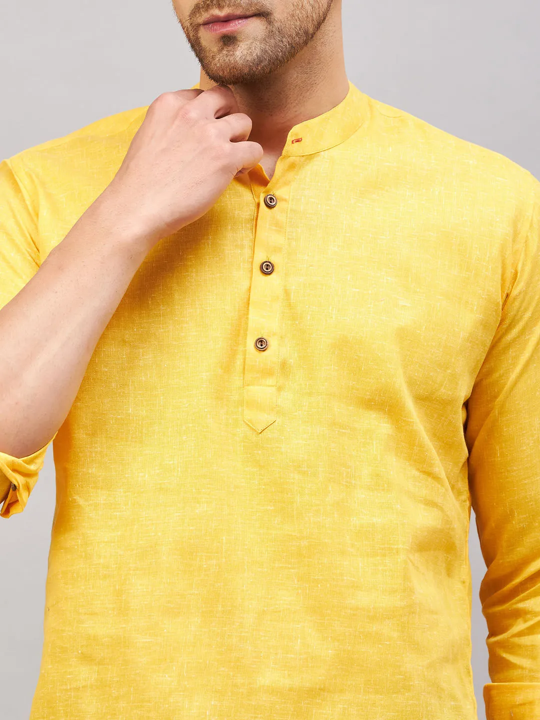 VASTRAMAY Men's Solid Yellow Cotton Kurta