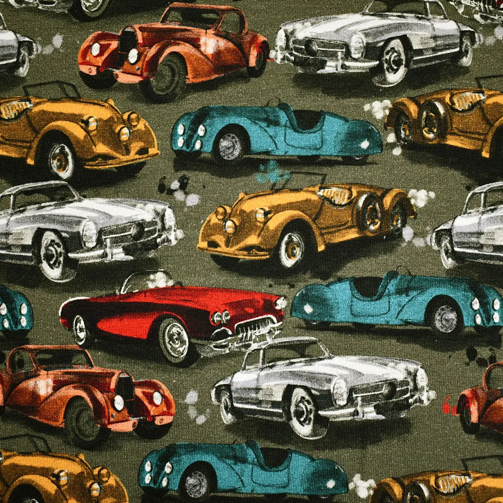 Vintage Cars Digital Print Light Sweatshirt Fleece Olive