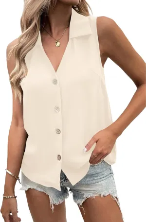 Vrtige Women's Casual Collar V Neck Button Down Sleeveless Tunic Blouse Shirt Tank Top