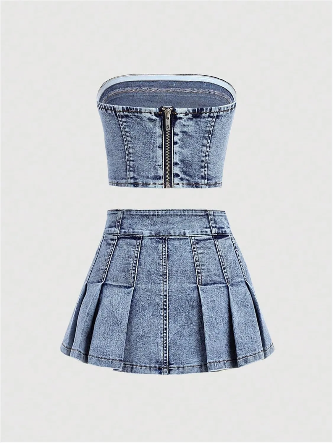 WDIRARA Girl's Y2K 2 Piece Outfits Bandeau Tube Tops Jeans Denim Sets A Line Pleated Mini Skirt Set