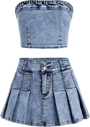 WDIRARA Girl's Y2K 2 Piece Outfits Bandeau Tube Tops Jeans Denim Sets A Line Pleated Mini Skirt Set