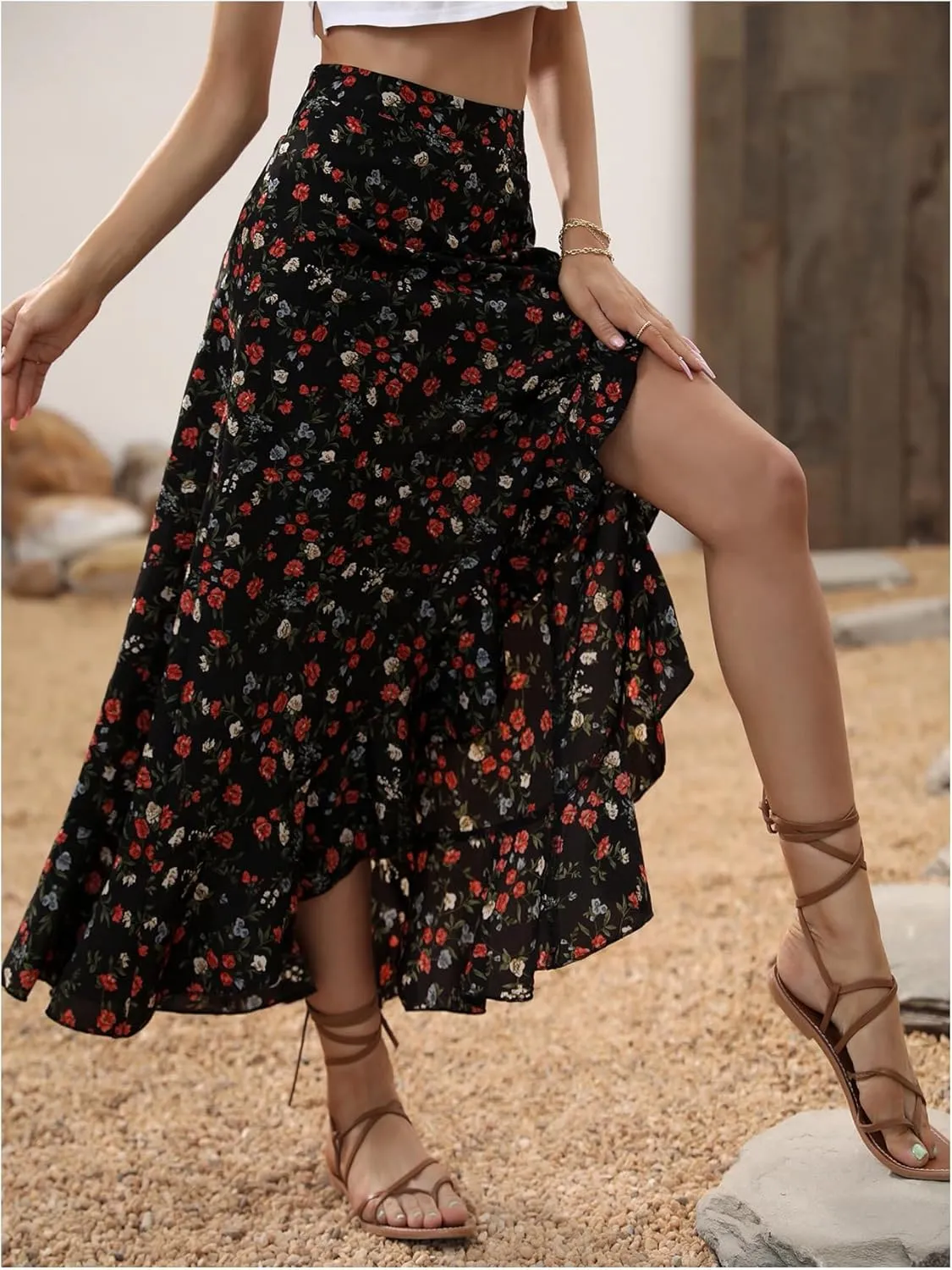 WDIRARA Women's Boho Floral Print Ruffle Maxi Skirt High Waisted Split Long Skirts