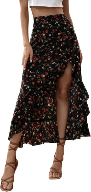 WDIRARA Women's Boho Floral Print Ruffle Maxi Skirt High Waisted Split Long Skirts
