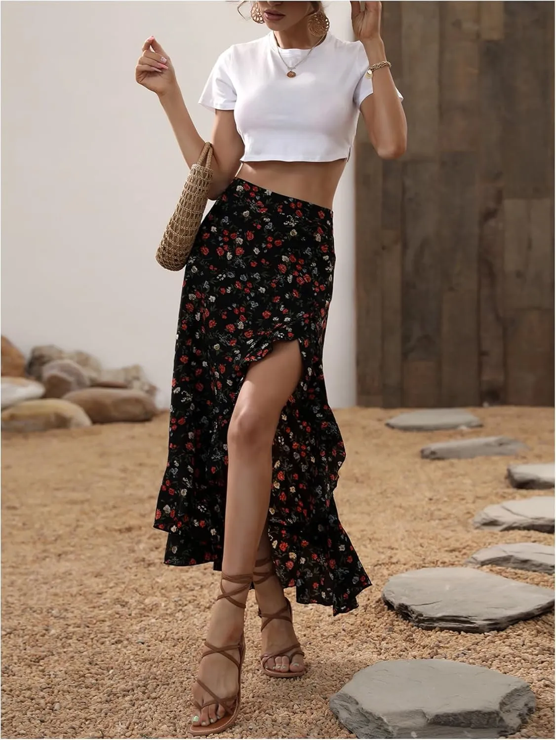 WDIRARA Women's Boho Floral Print Ruffle Maxi Skirt High Waisted Split Long Skirts