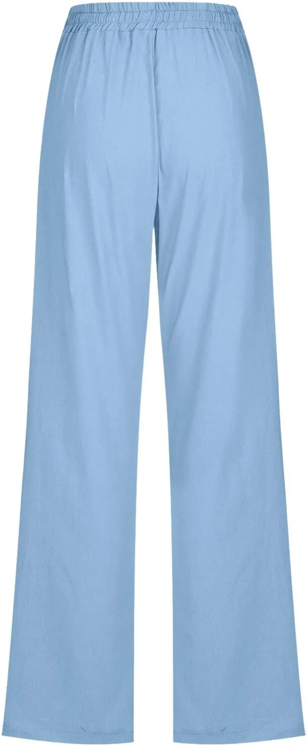 Wide Leg Pants Woman Elastic Waist Trousers Lightweight Linen Blend Casual Lounge Wear High Waist Design