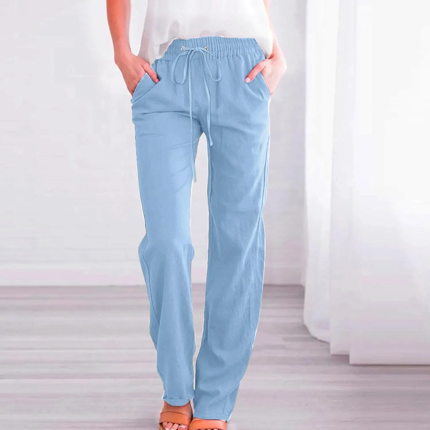 Wide Leg Pants Woman Elastic Waist Trousers Lightweight Linen Blend Casual Lounge Wear High Waist Design