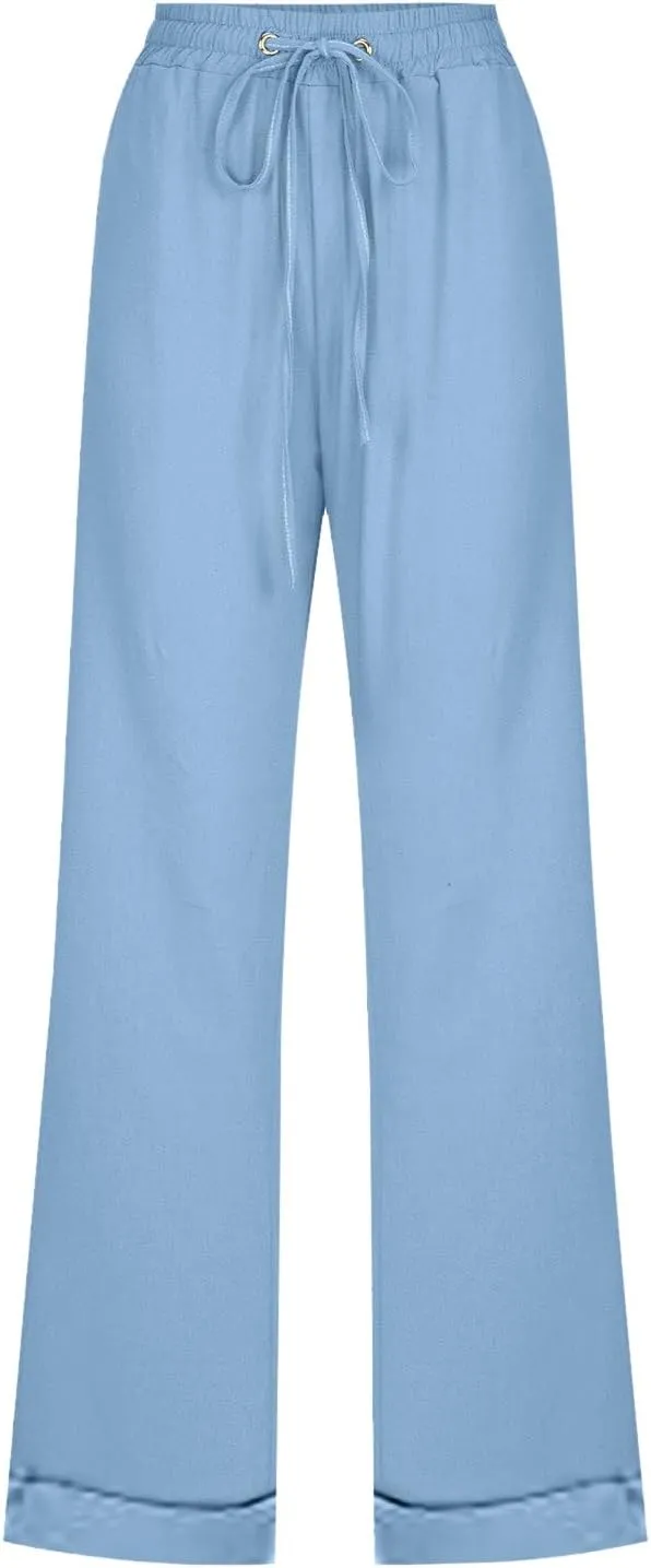 Wide Leg Pants Woman Elastic Waist Trousers Lightweight Linen Blend Casual Lounge Wear High Waist Design