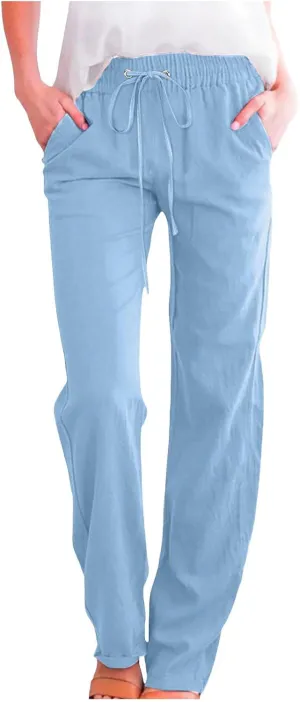 Wide Leg Pants Woman Elastic Waist Trousers Lightweight Linen Blend Casual Lounge Wear High Waist Design