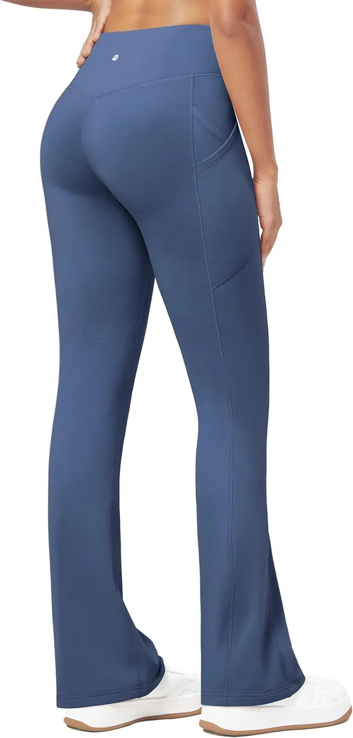Willit Women's Fleece Lined Pants Thermal Leggings Winter Bootcut Yoga Pants Zipper Pockets Flare High Waist Water Resistant