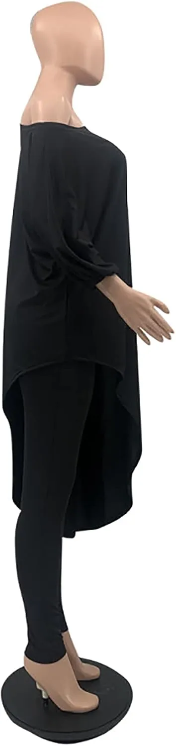 WOKANSE Women's Solid 3/4 Sleeve Tracksuits Set One Off Shoulder Asymmetric Top Skinny Long Pant 2 Piece Loungewear