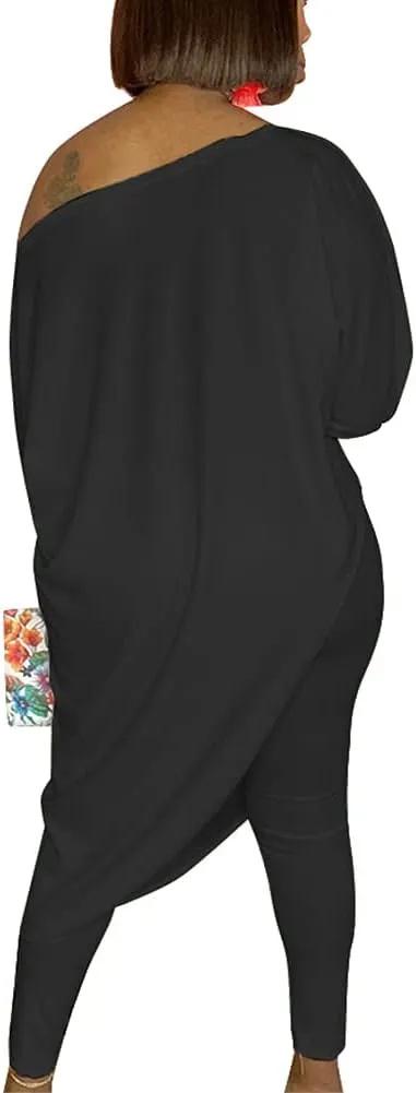 WOKANSE Women's Solid 3/4 Sleeve Tracksuits Set One Off Shoulder Asymmetric Top Skinny Long Pant 2 Piece Loungewear