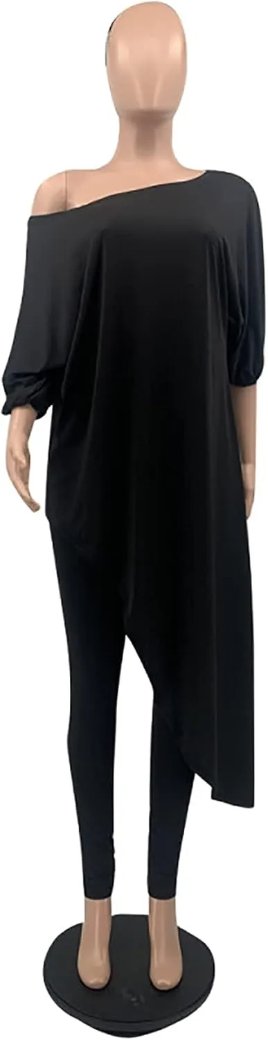 WOKANSE Women's Solid 3/4 Sleeve Tracksuits Set One Off Shoulder Asymmetric Top Skinny Long Pant 2 Piece Loungewear