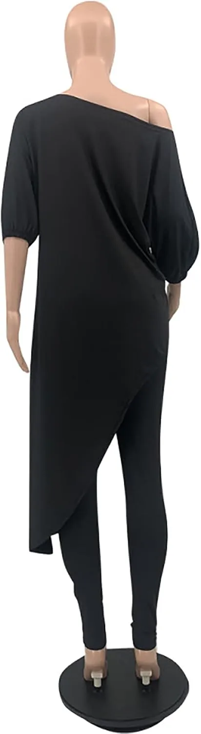 WOKANSE Women's Solid 3/4 Sleeve Tracksuits Set One Off Shoulder Asymmetric Top Skinny Long Pant 2 Piece Loungewear