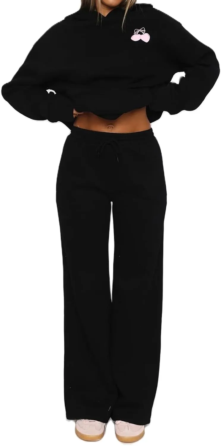Women 2 Piece Outfits Bow Print Long Sleeve Oversized Sweatshirt Hoodies Baggy Wide Leg Sweatpants Fall Sweatsuits