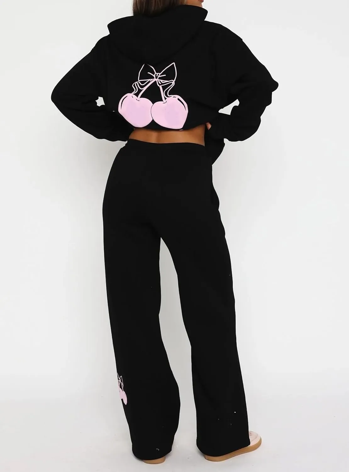 Women 2 Piece Outfits Bow Print Long Sleeve Oversized Sweatshirt Hoodies Baggy Wide Leg Sweatpants Fall Sweatsuits