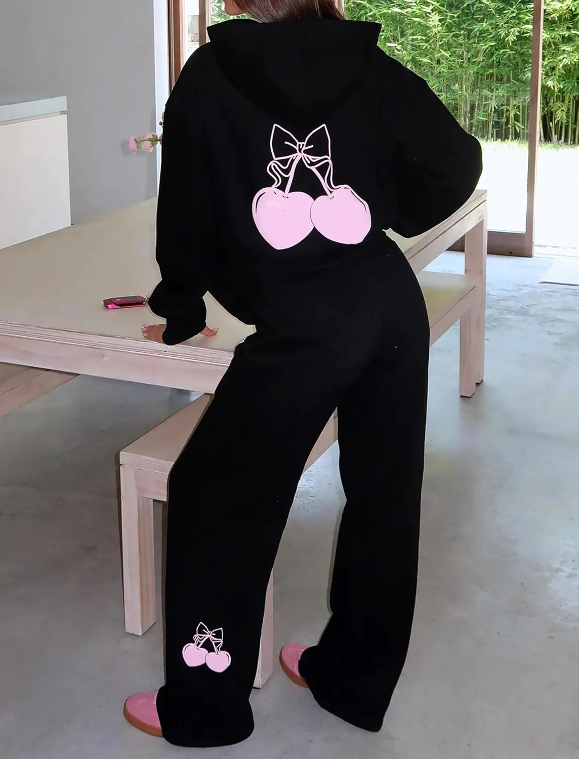 Women 2 Piece Outfits Bow Print Long Sleeve Oversized Sweatshirt Hoodies Baggy Wide Leg Sweatpants Fall Sweatsuits