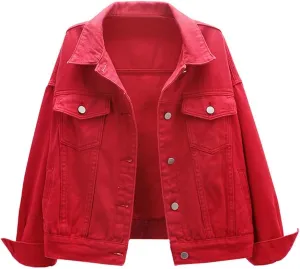 Women Candy Colors Denim Jacket Long Sleeve Boyfriend Jean Jacket Coat