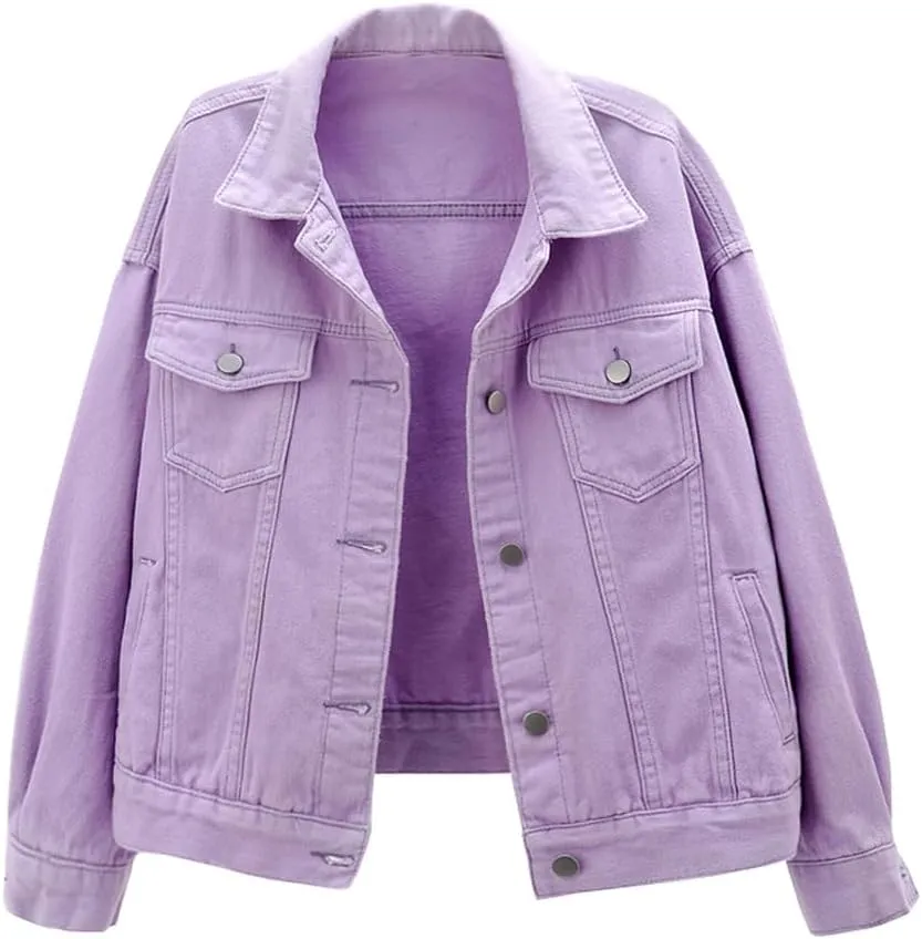 Women Candy Colors Denim Jacket Long Sleeve Boyfriend Jean Jacket Coat