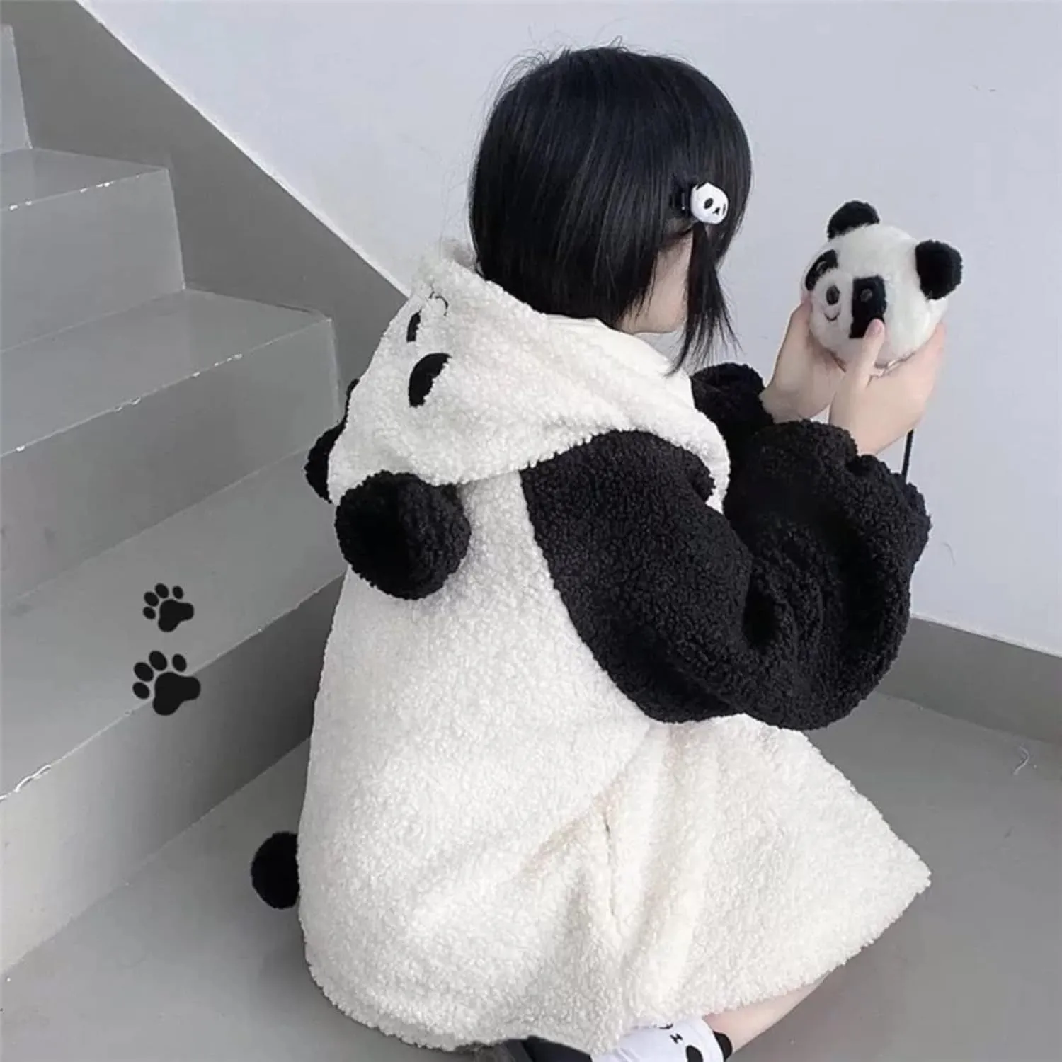 Women Girl Kawaii Panda Ear Sherpa Hoodie Cute Preppy Sweatshirt with Pocket Tailed Oversize Warm Fleece Fuzzy Tops