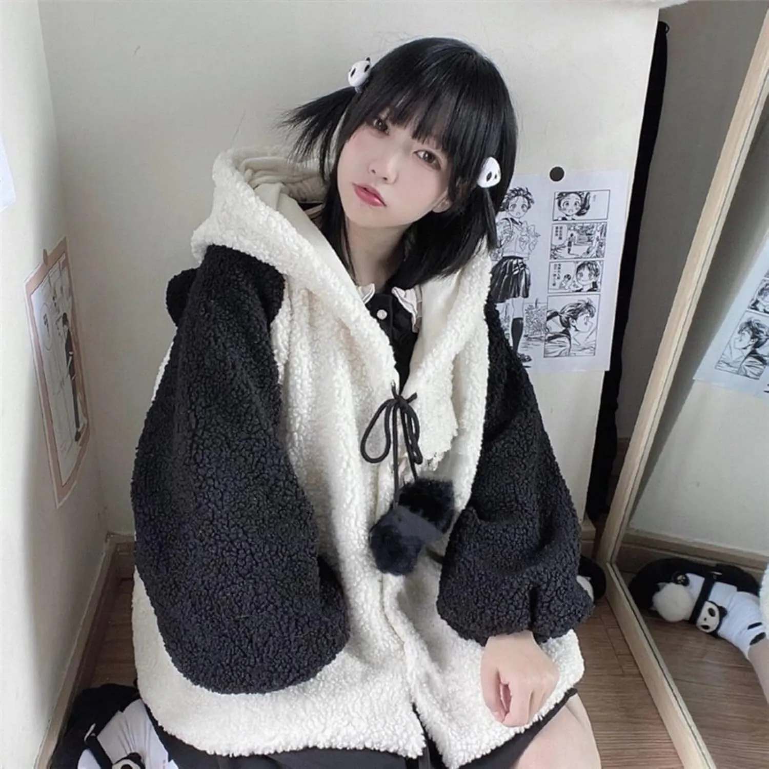 Women Girl Kawaii Panda Ear Sherpa Hoodie Cute Preppy Sweatshirt with Pocket Tailed Oversize Warm Fleece Fuzzy Tops