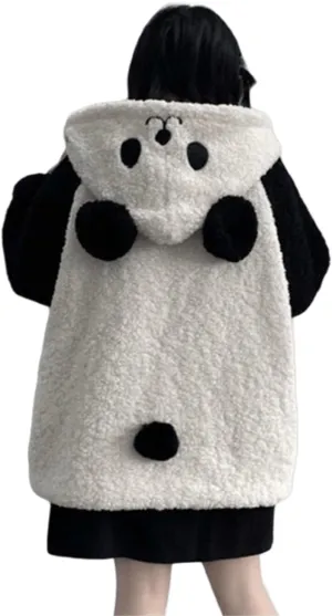 Women Girl Kawaii Panda Ear Sherpa Hoodie Cute Preppy Sweatshirt with Pocket Tailed Oversize Warm Fleece Fuzzy Tops