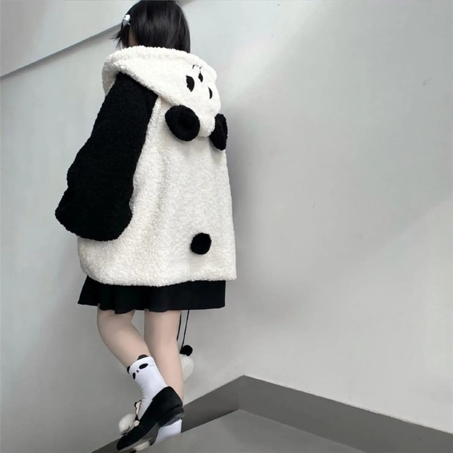 Women Girl Kawaii Panda Ear Sherpa Hoodie Cute Preppy Sweatshirt with Pocket Tailed Oversize Warm Fleece Fuzzy Tops