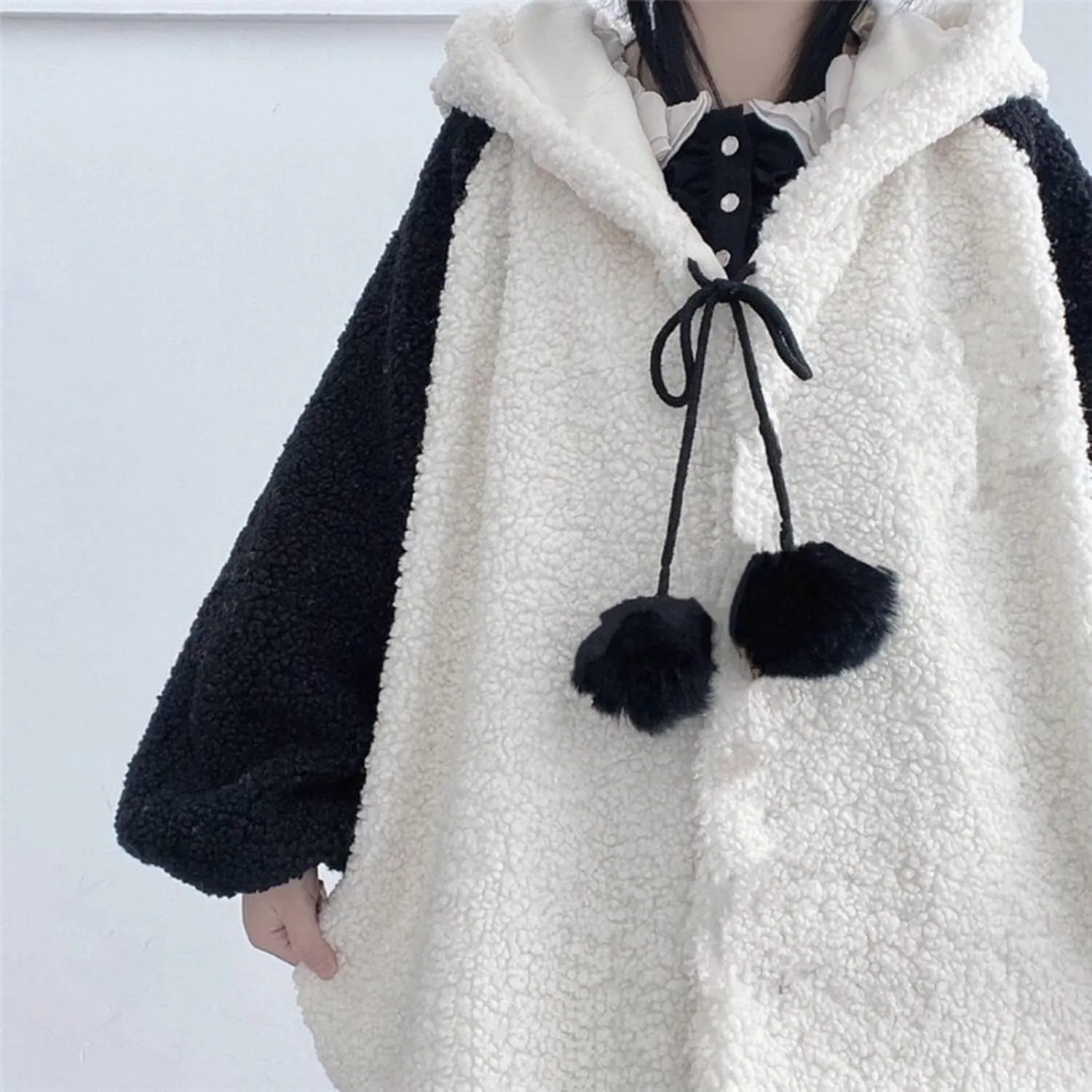 Women Girl Kawaii Panda Ear Sherpa Hoodie Cute Preppy Sweatshirt with Pocket Tailed Oversize Warm Fleece Fuzzy Tops