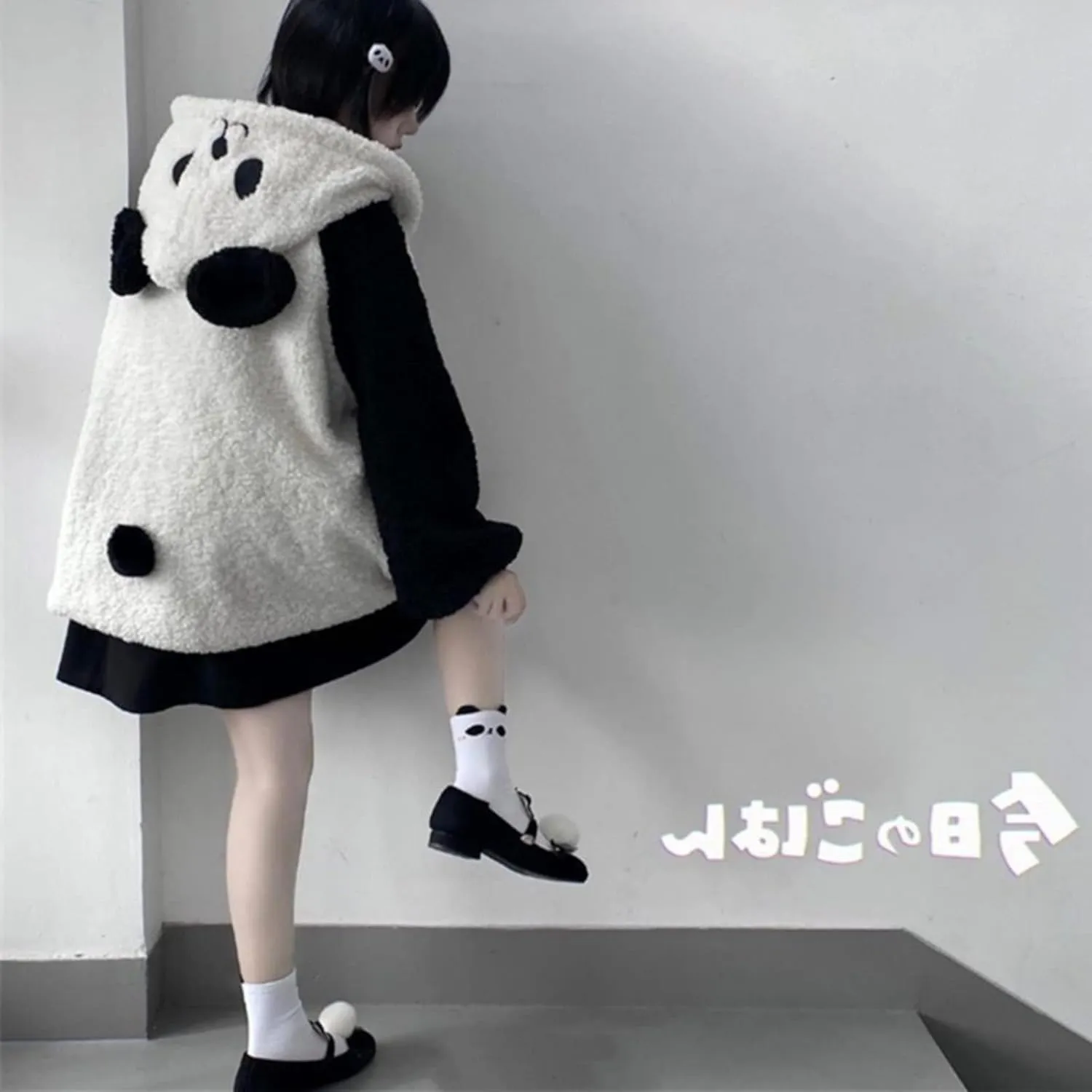 Women Girl Kawaii Panda Ear Sherpa Hoodie Cute Preppy Sweatshirt with Pocket Tailed Oversize Warm Fleece Fuzzy Tops
