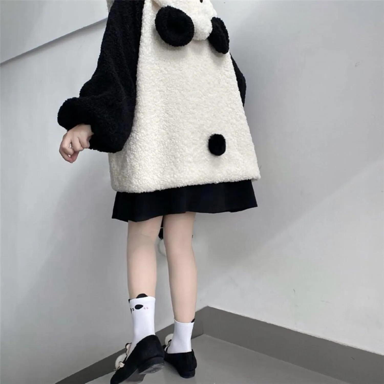 Women Girl Kawaii Panda Ear Sherpa Hoodie Cute Preppy Sweatshirt with Pocket Tailed Oversize Warm Fleece Fuzzy Tops