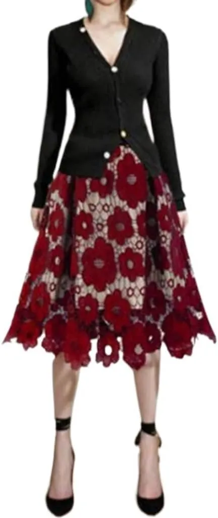 Women High Waist Pleated A-Line Midi Skirt Hollow-Out Floral Lace Flared Knee Length Flared Midi Skirts