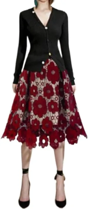 Women High Waist Pleated A-Line Midi Skirt Hollow-Out Floral Lace Flared Knee Length Flared Midi Skirts