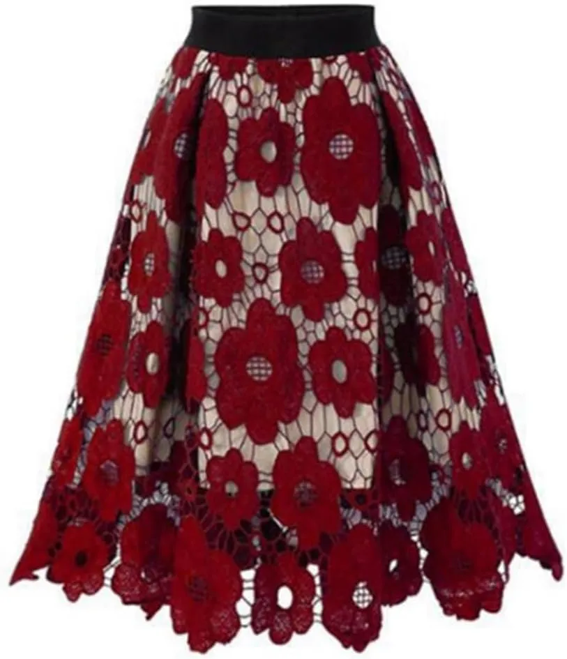 Women High Waist Pleated A-Line Midi Skirt Hollow-Out Floral Lace Flared Knee Length Flared Midi Skirts