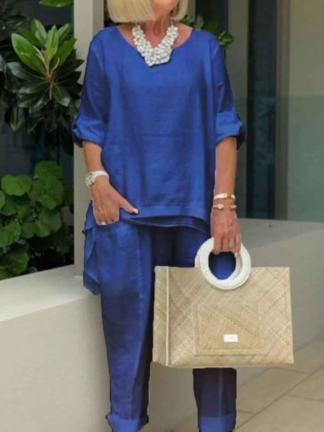 Women Linen Two Piece Pants Suit Dressy Long Sleeve Plus Size Linen Irregular Two Piece Set