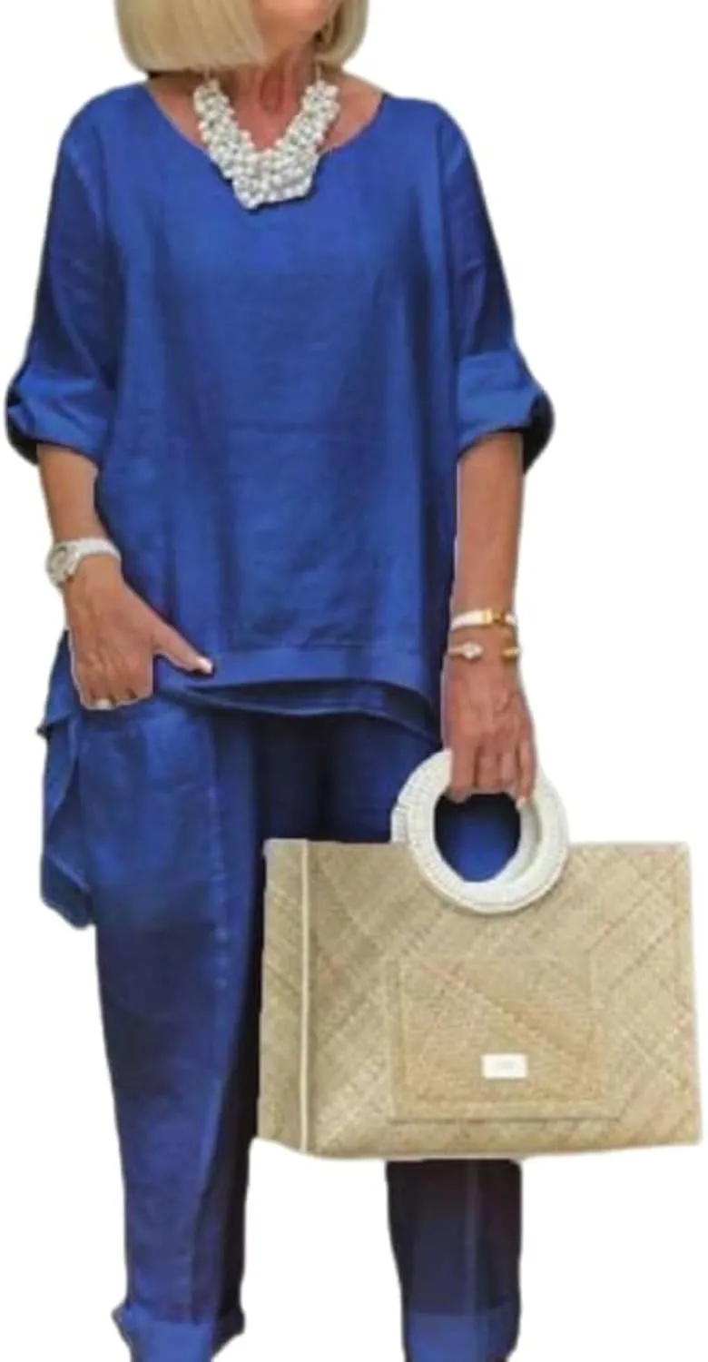 Women Linen Two Piece Pants Suit Dressy Long Sleeve Plus Size Linen Irregular Two Piece Set